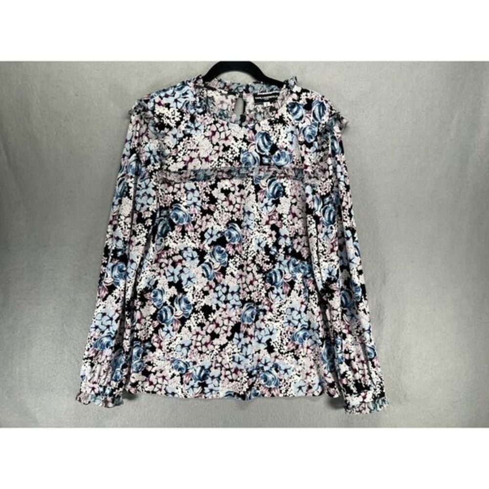 Karl Lagerfeld Top Womens M White Blue Ditsy Print Ruffle Whimsical Romantic